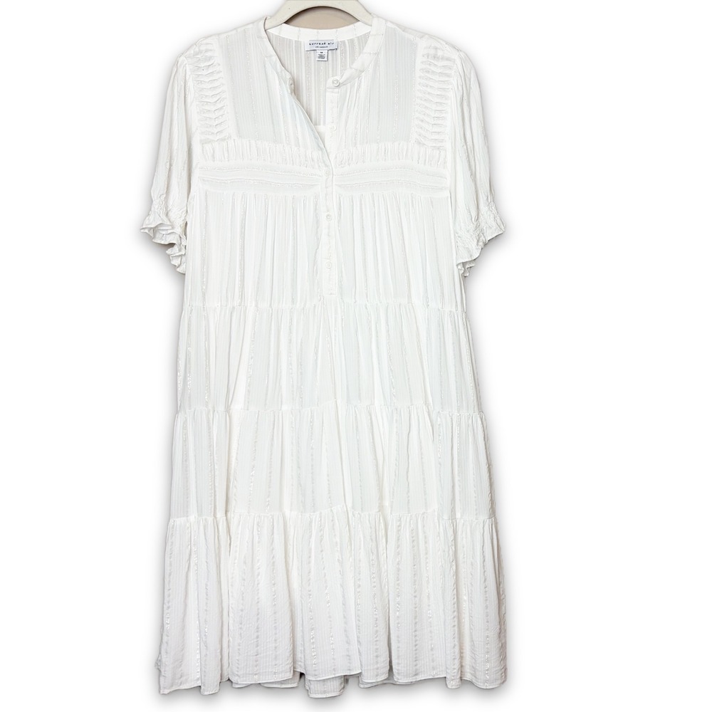 Current Air White Metallic Stripe Tiered Babydoll Dress Short Sleeve M Mini